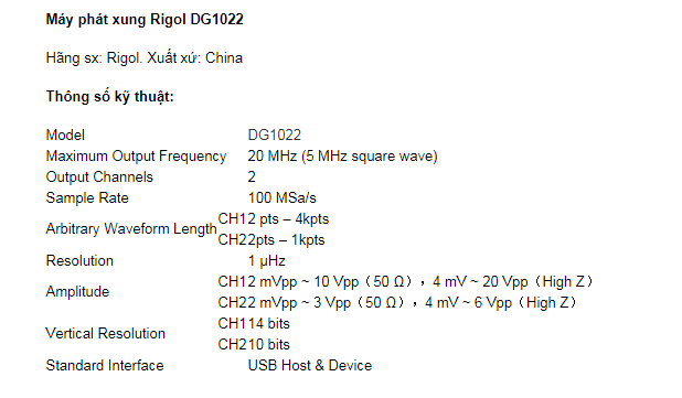 Thông số của máy phát xung Rigol DG1022